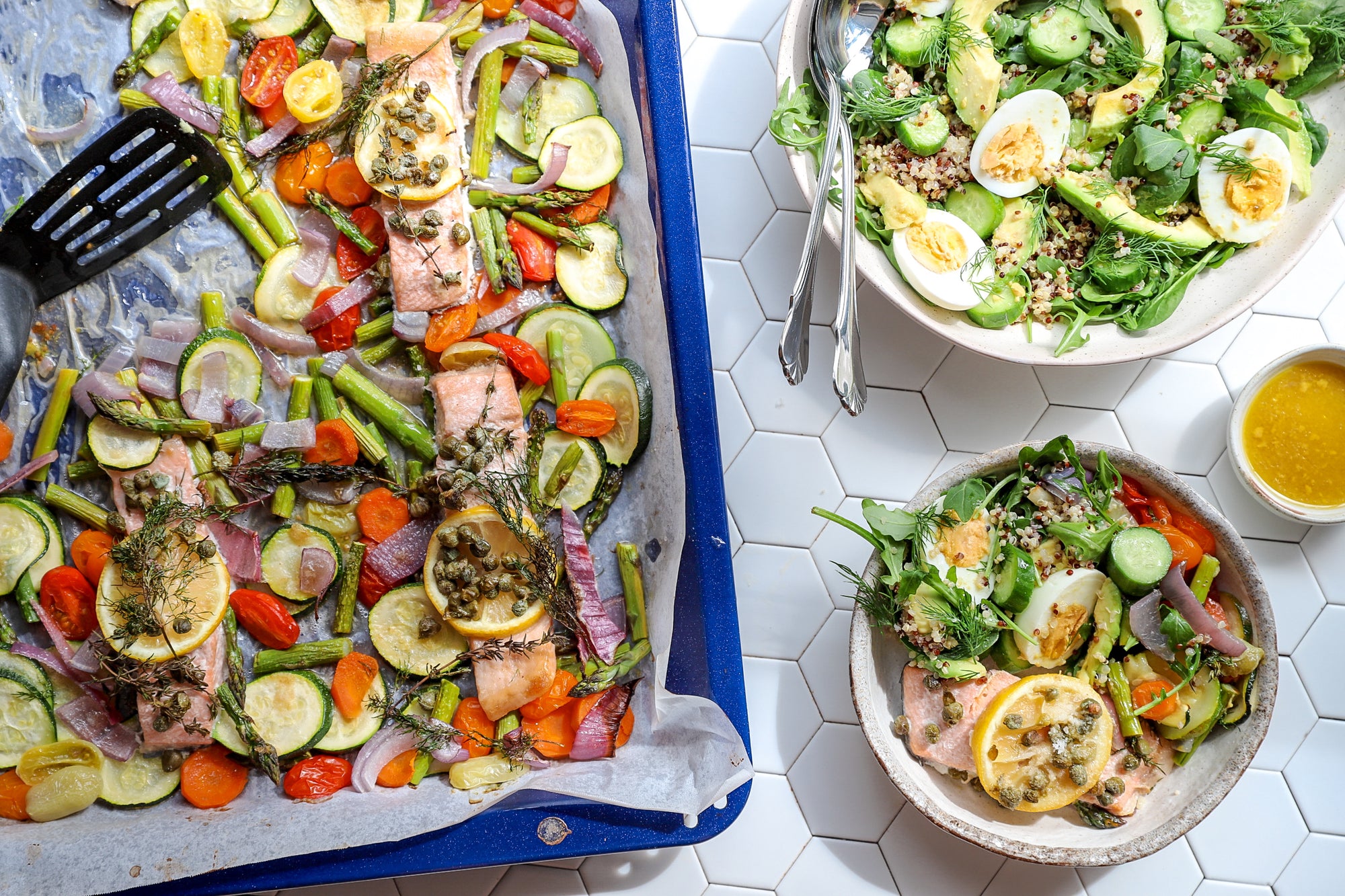 One-Tray Oven Salmon & Roast Veggies with Spring Quinoa Salad